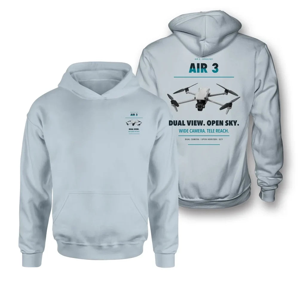DJI Air 3 design on light blue hoodie