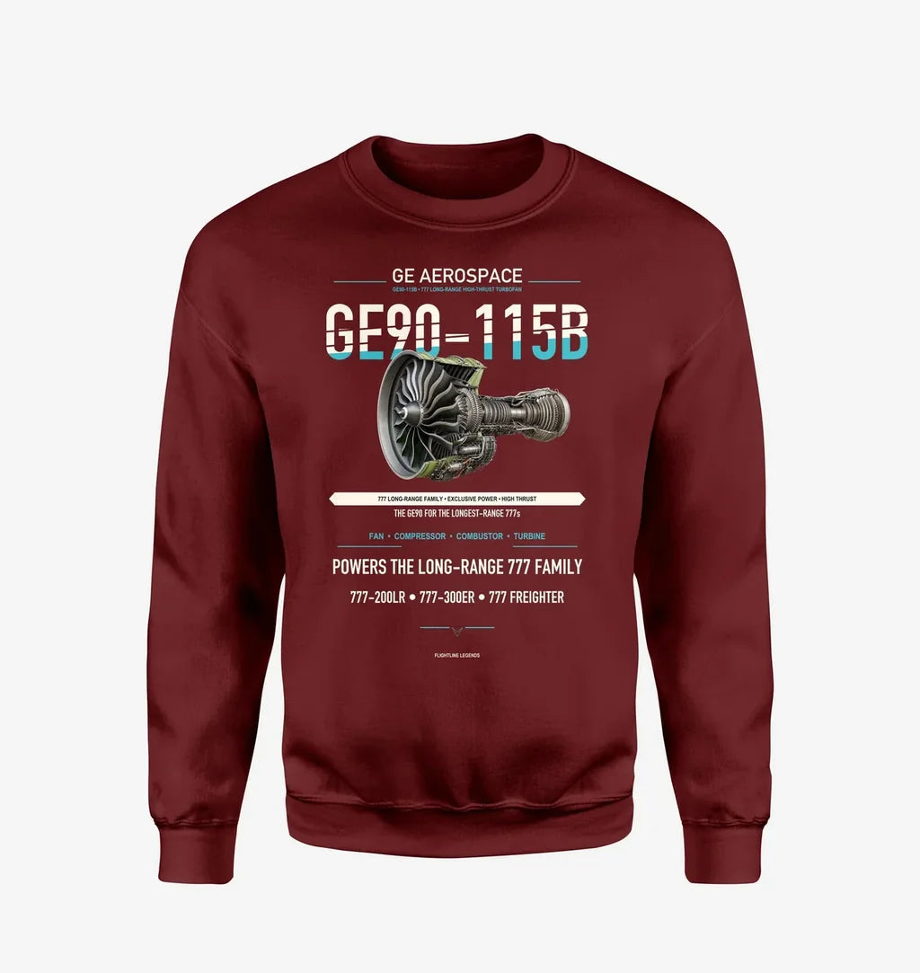 GE90-115B design on wine red sweatshirt
