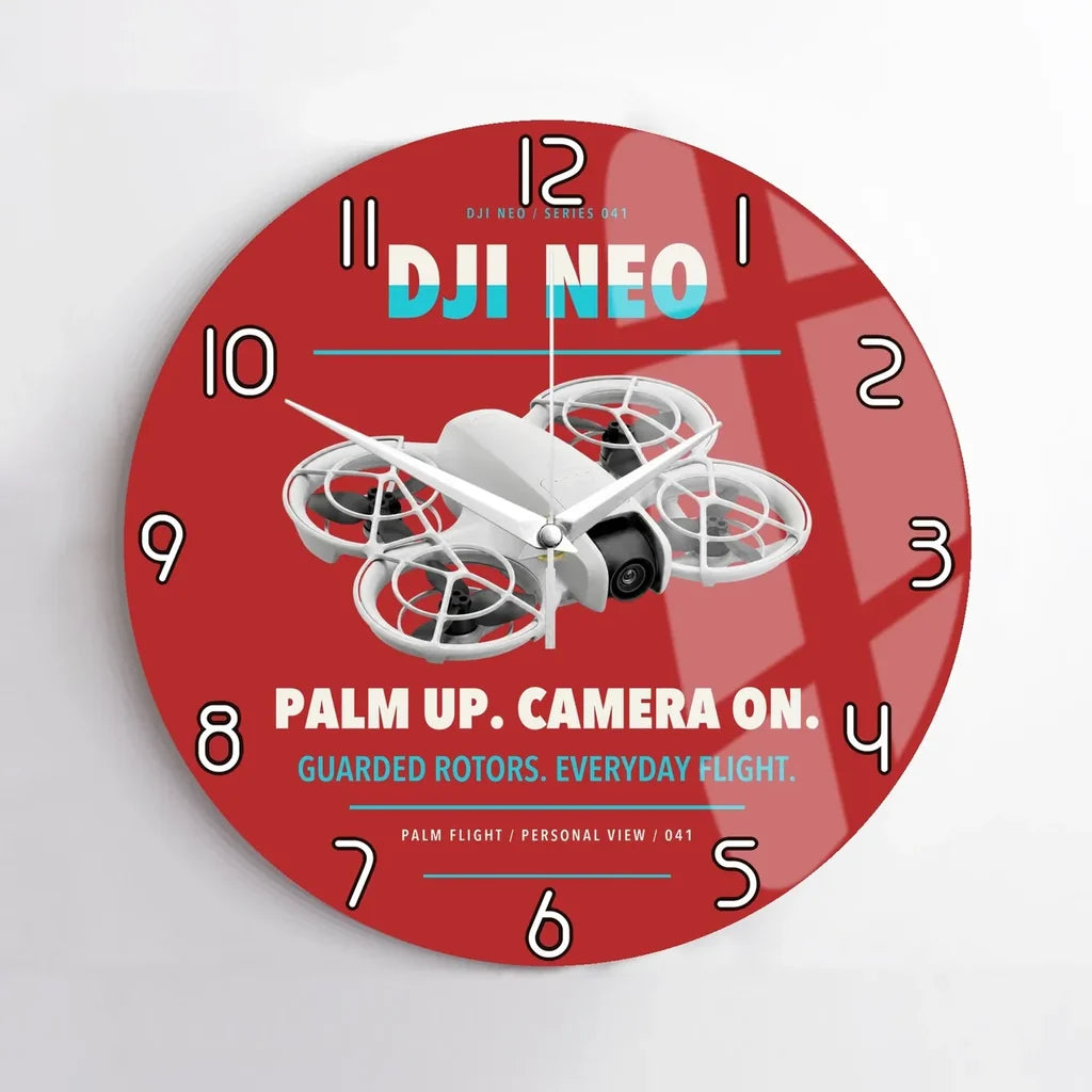 DJI Neo design on red no frame wall clock