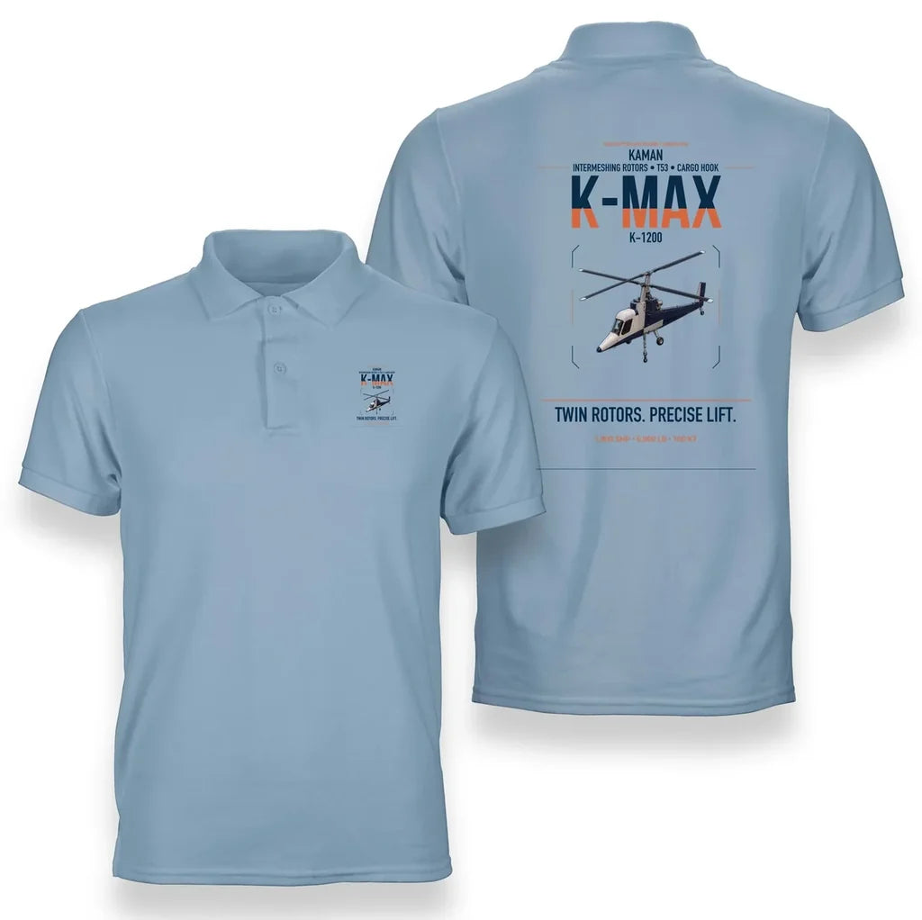 Kaman K-1200 K-MAX design on light blue double-side polo t-shirt, double-side print