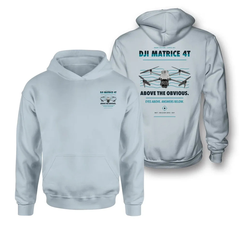 DJI Matrice 4T design on light blue hoodie
