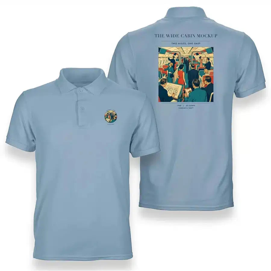 VINTAGE G4467 - The Wide Cabin Mockup - Double-Side Polo T-Shirt design on lightblue