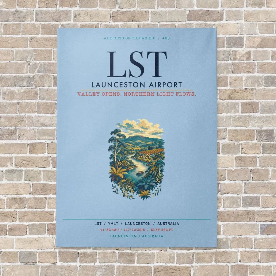 Launceston Airport LST vertical canvas print - no frame - light blue background