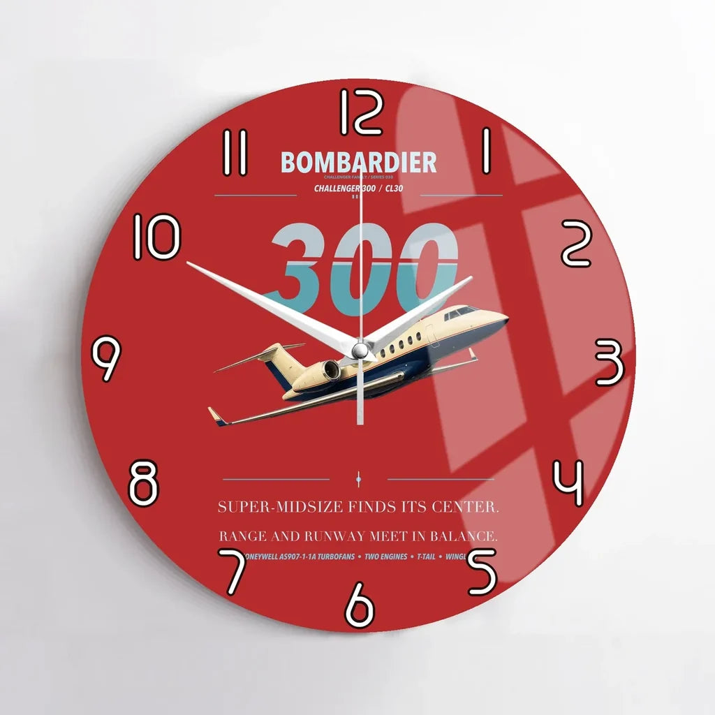 Bombardier Challenger 300 design on red no frame wall clock