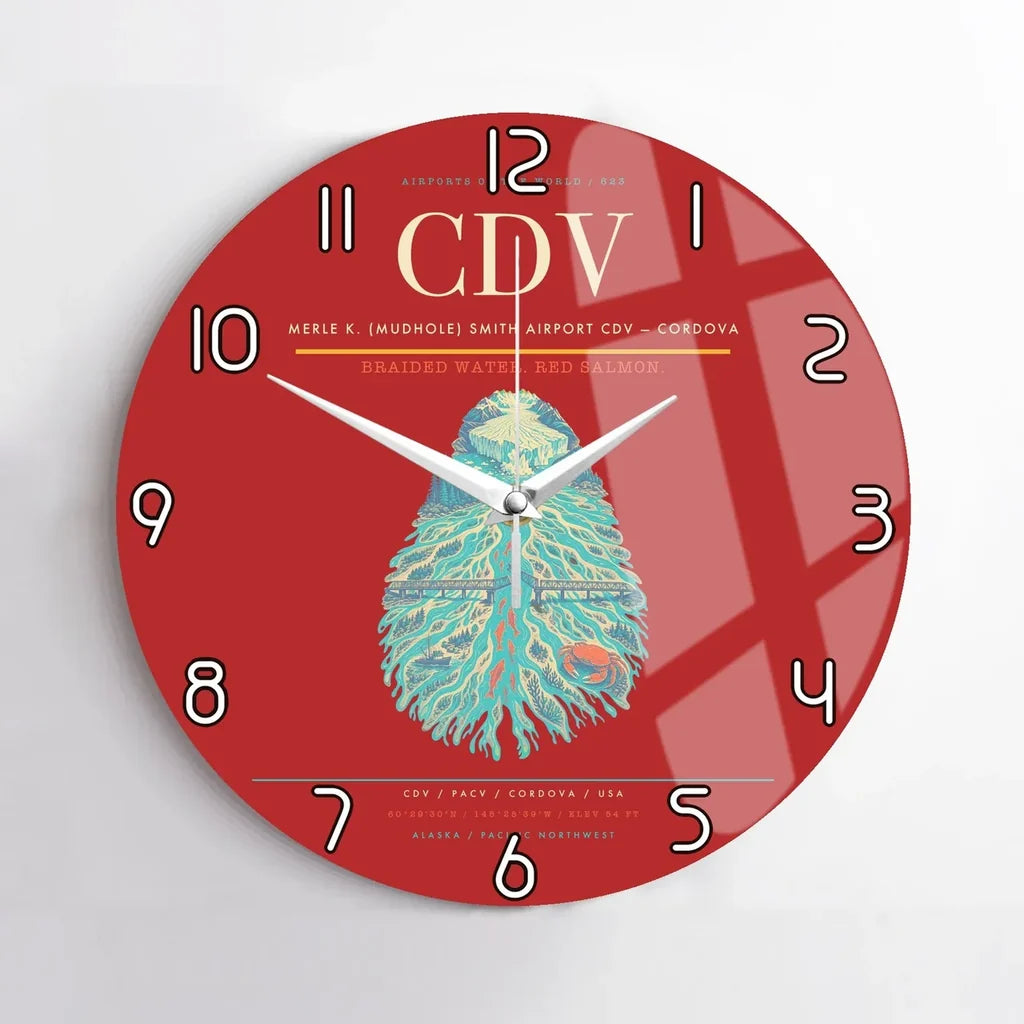 Merle K. (Mudhole) Smith Airport (CDV) design on red no frame wall clock