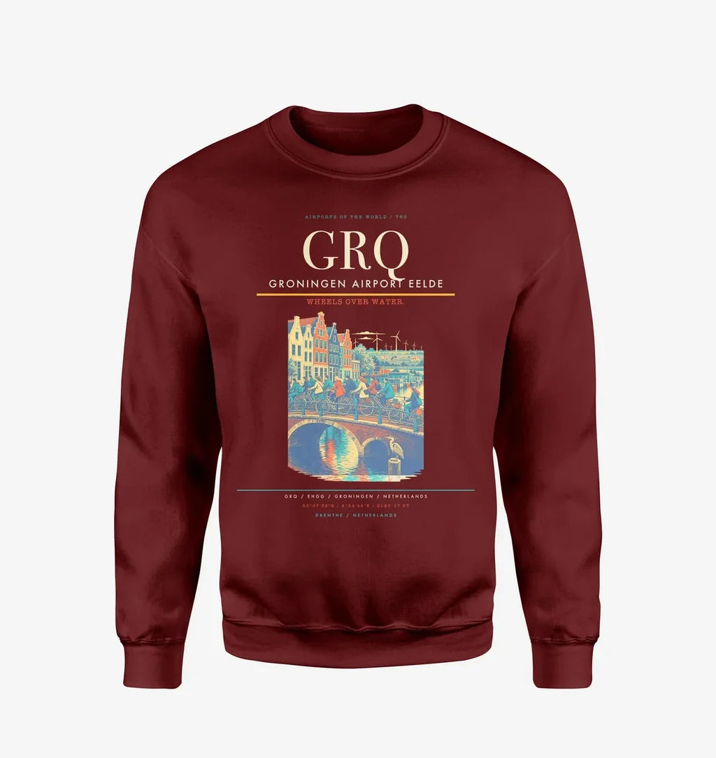Groningen Airport Eelde (GRQ) design on wine red sweatshirt