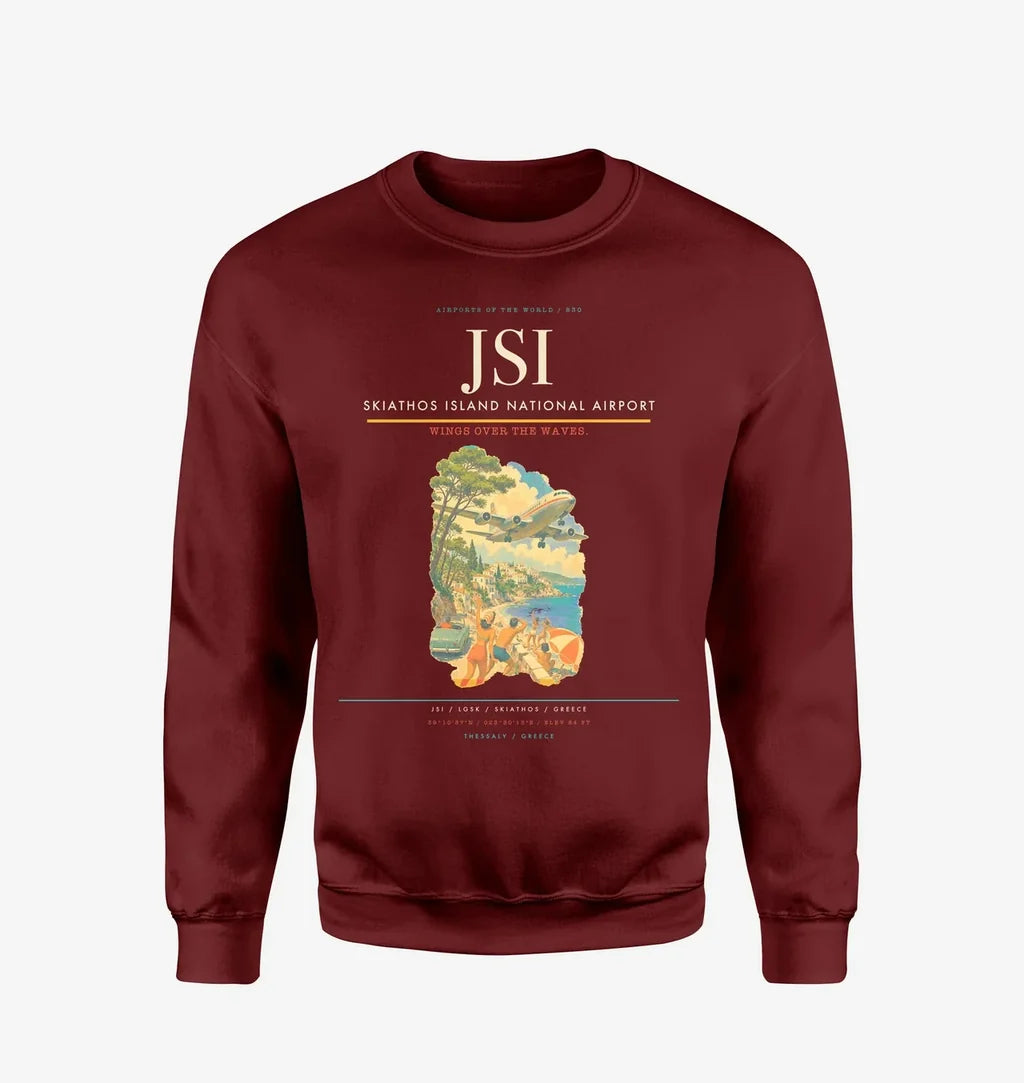 Skiathos Island National Airport (JSI) design on wine red sweatshirt