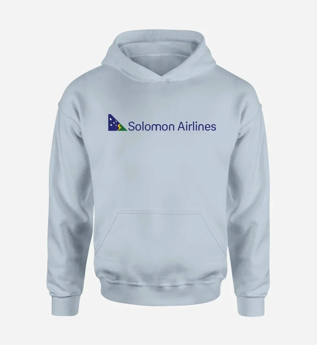 Solomon Airlines logo printed on light blue hoodie