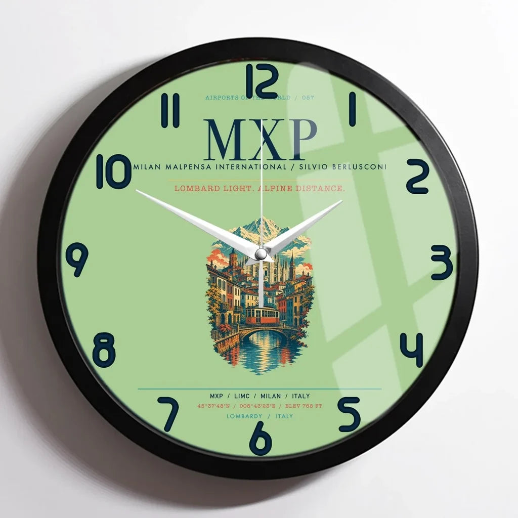 Milan Malpensa International Airport Silvio Berlusconi (MXP) design on light green framed wall clock