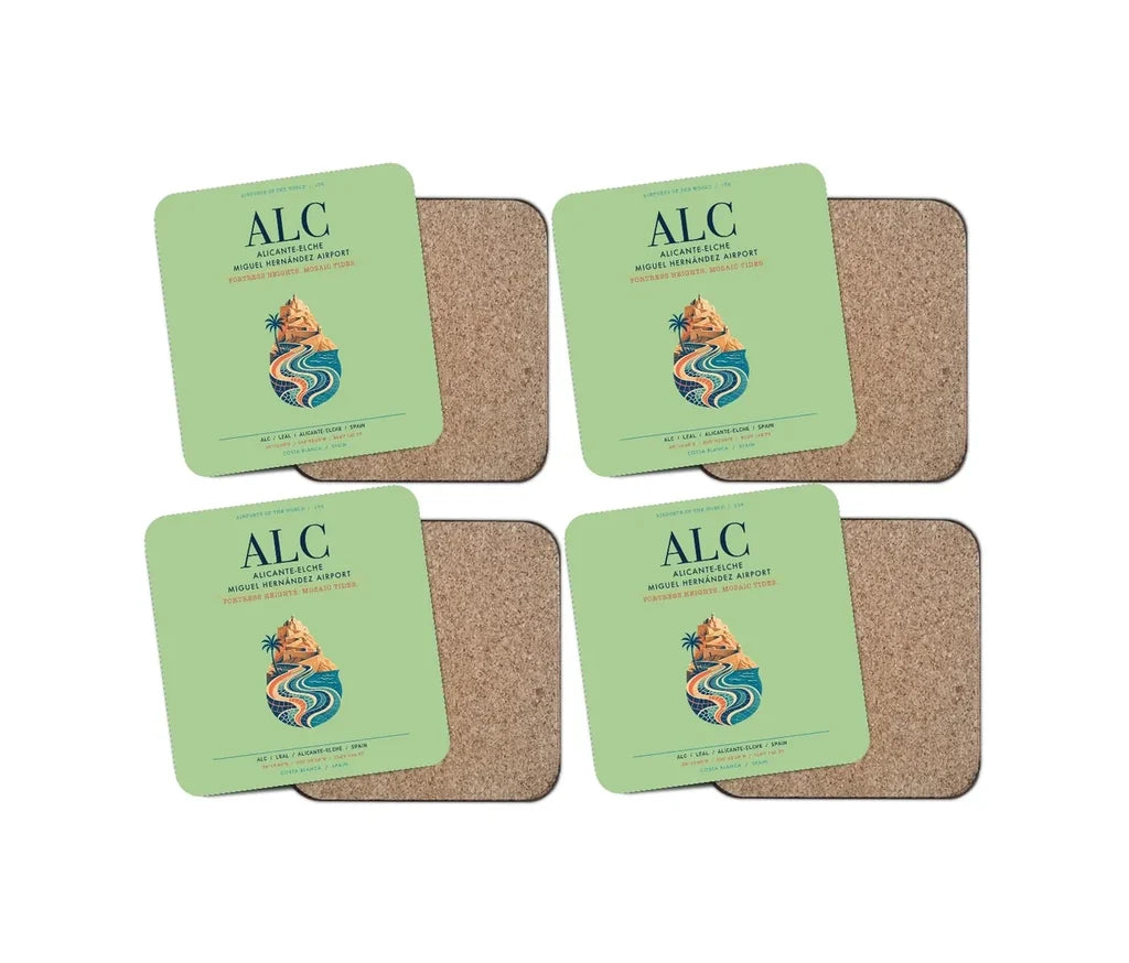 Alicante-Elche Miguel Hernandez Airport (ALC) design on light green 4 pieces set coaster