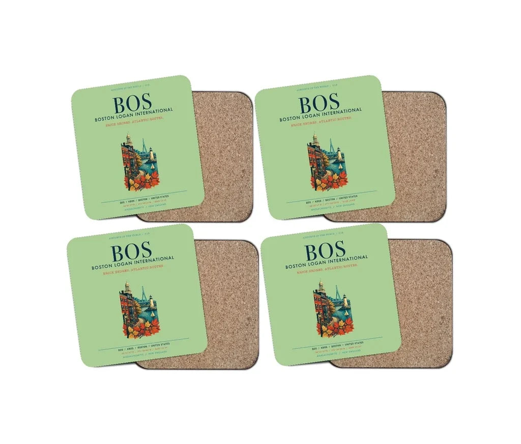 Boston Logan International Airport (BOS) design on light green 4 pieces set coaster