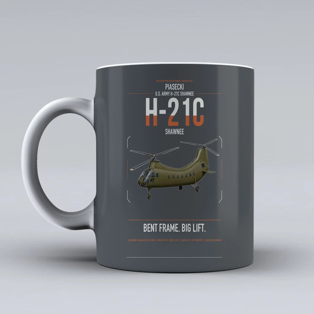 Piasecki H-21C Shawnee design on gray ceramic mug, double-side print