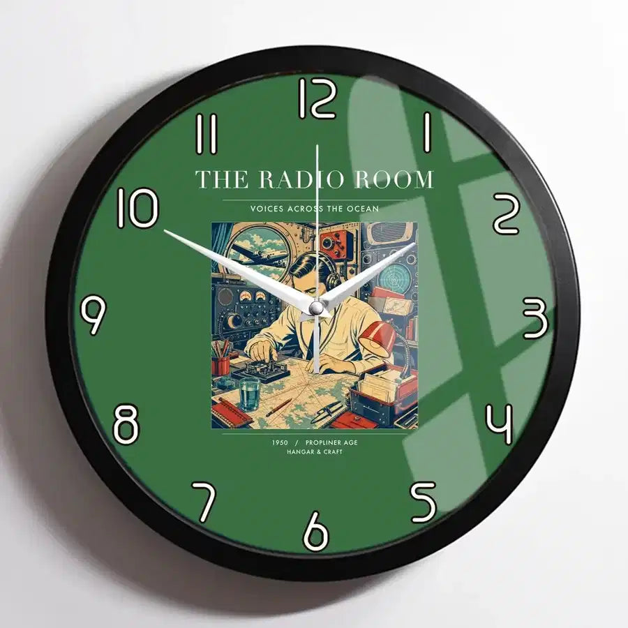 VINTAGE G4106 - The Radio Room - Designed Wall Clocks design on green framed