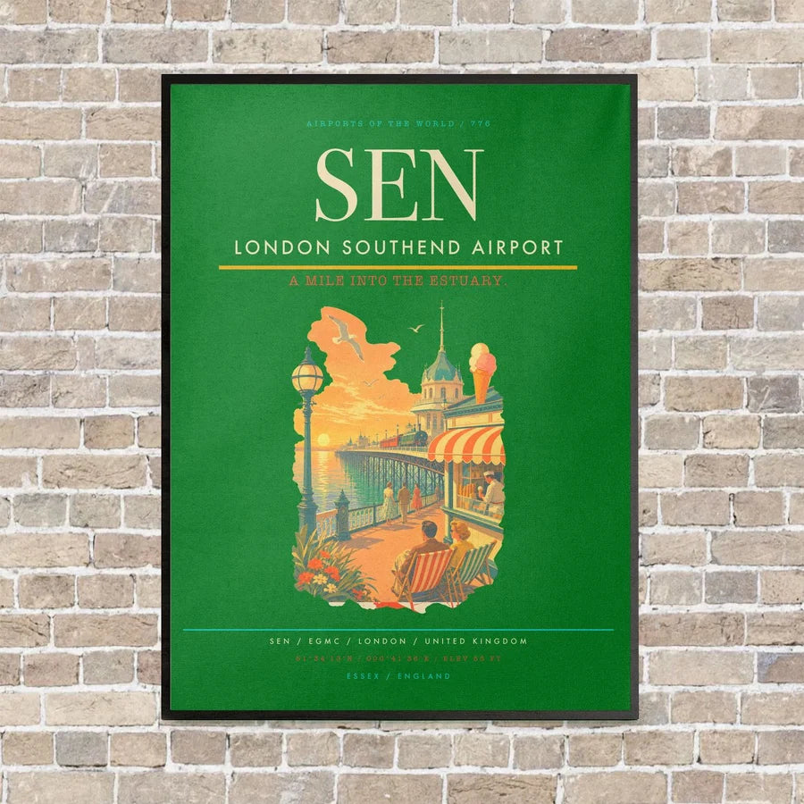 London Southend Airport SEN vertical canvas print - framed - green background