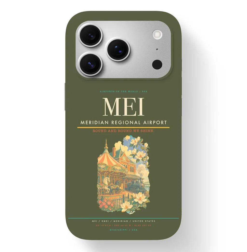 Meridian Airport (MEI) design on green army iPhone 17 Pro MagSafe case