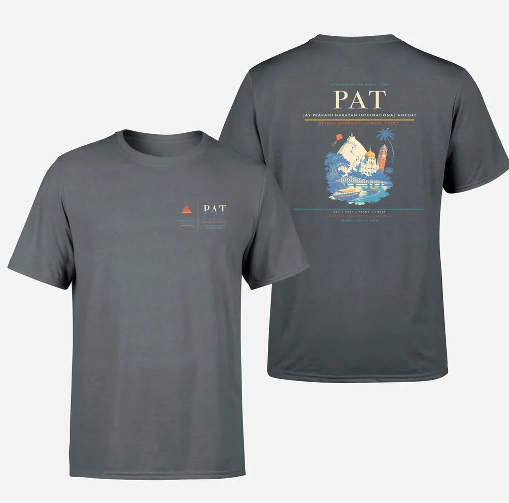 Jay Prakash Narayan International Airport (PAT) design printed on gray double-side t-shirt