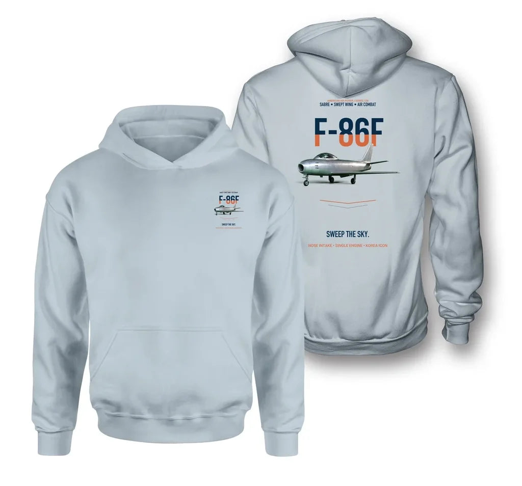 F-86F SABRE design on light blue hoodie