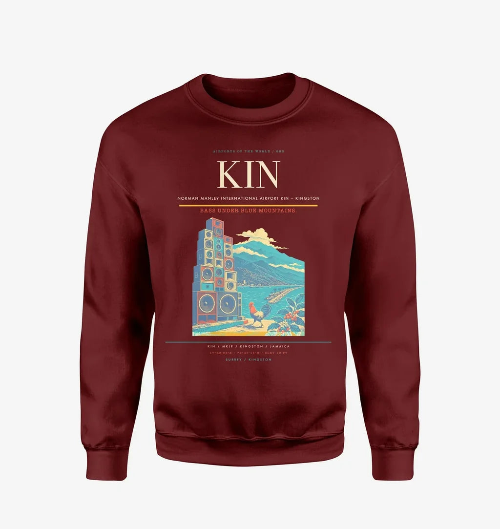 Norman Manley International Airport (KIN) design on wine red sweatshirt