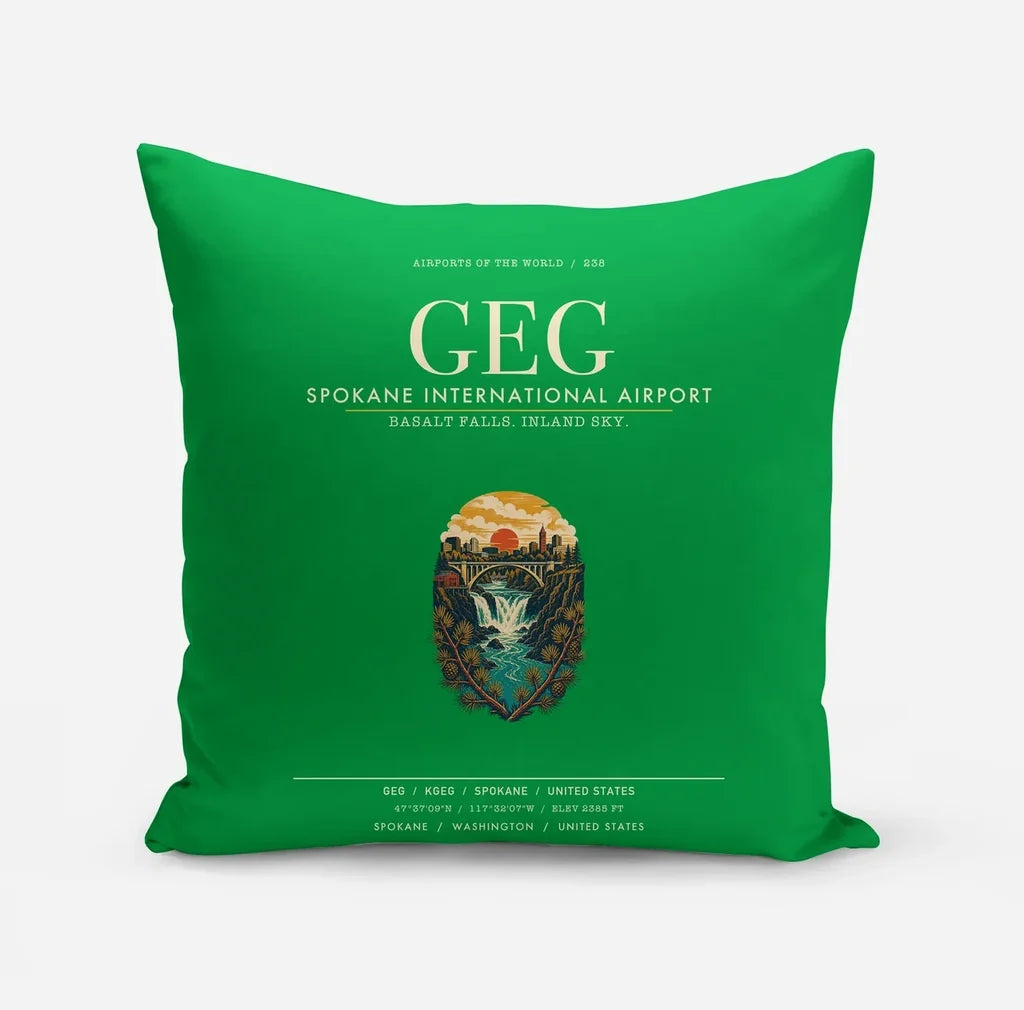 Spokane International Airport (GEG) design on green pillow