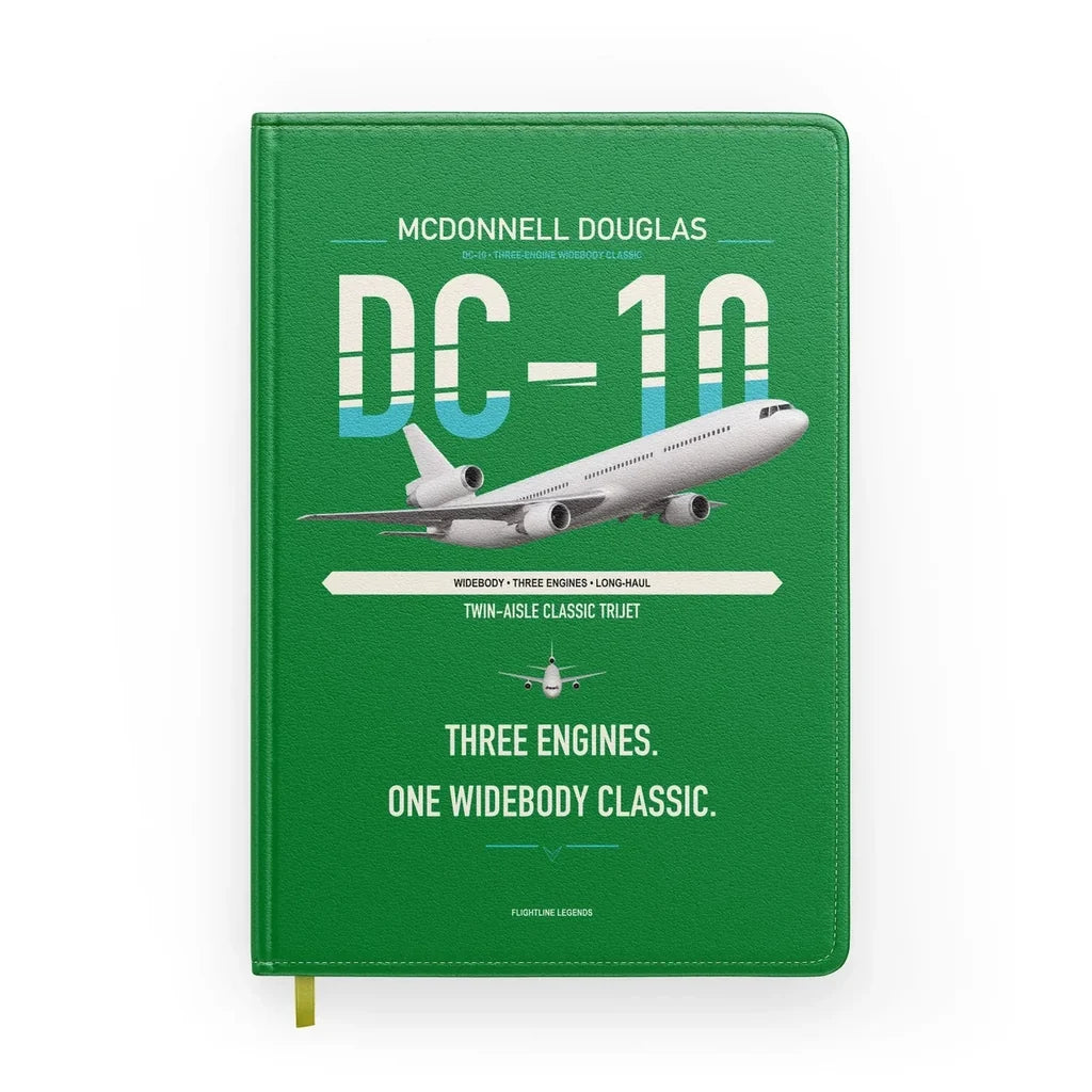 McDonnell Douglas DC-10 design on green notebook