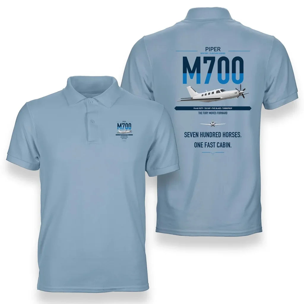 Piper M700 Fury design on light blue double-side polo t-shirt, double-side print