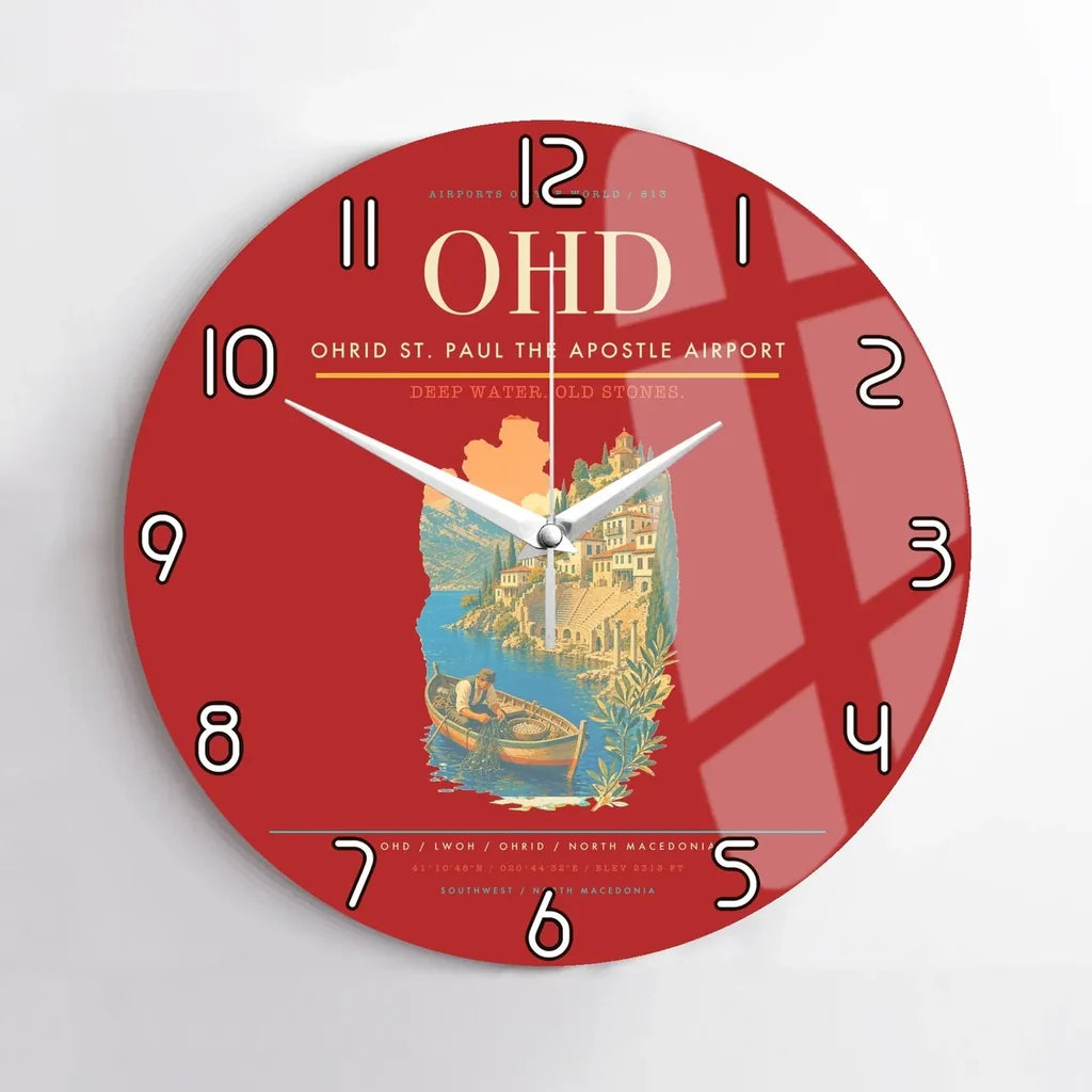 Ohrid St. Paul the Apostle Airport (OHD) design on red no frame wall clock