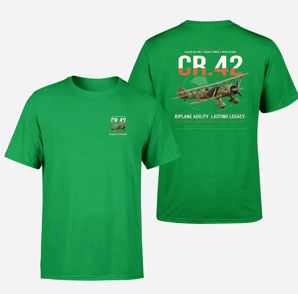 Fiat CR.42 Falco design on green t-shirt, double-side print