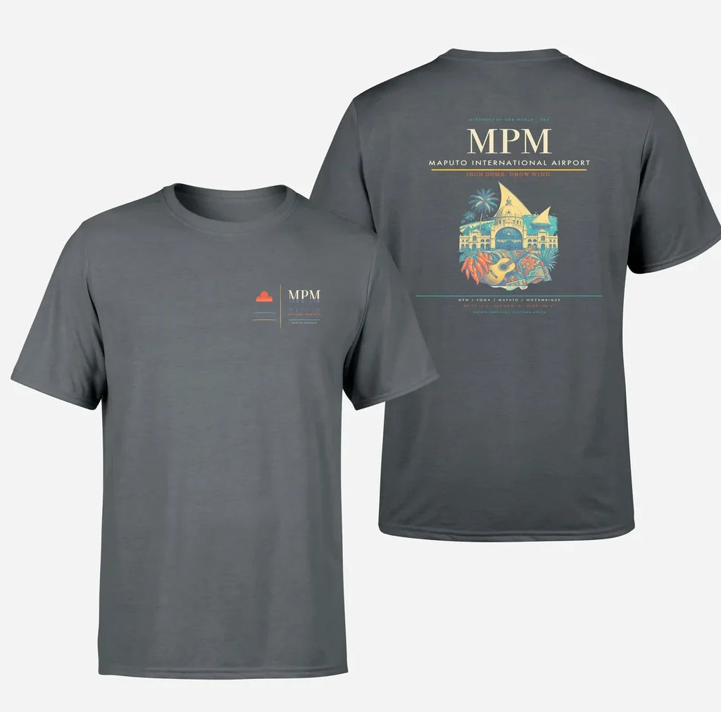 Maputo International Airport (MPM) design printed on gray double-side t-shirt