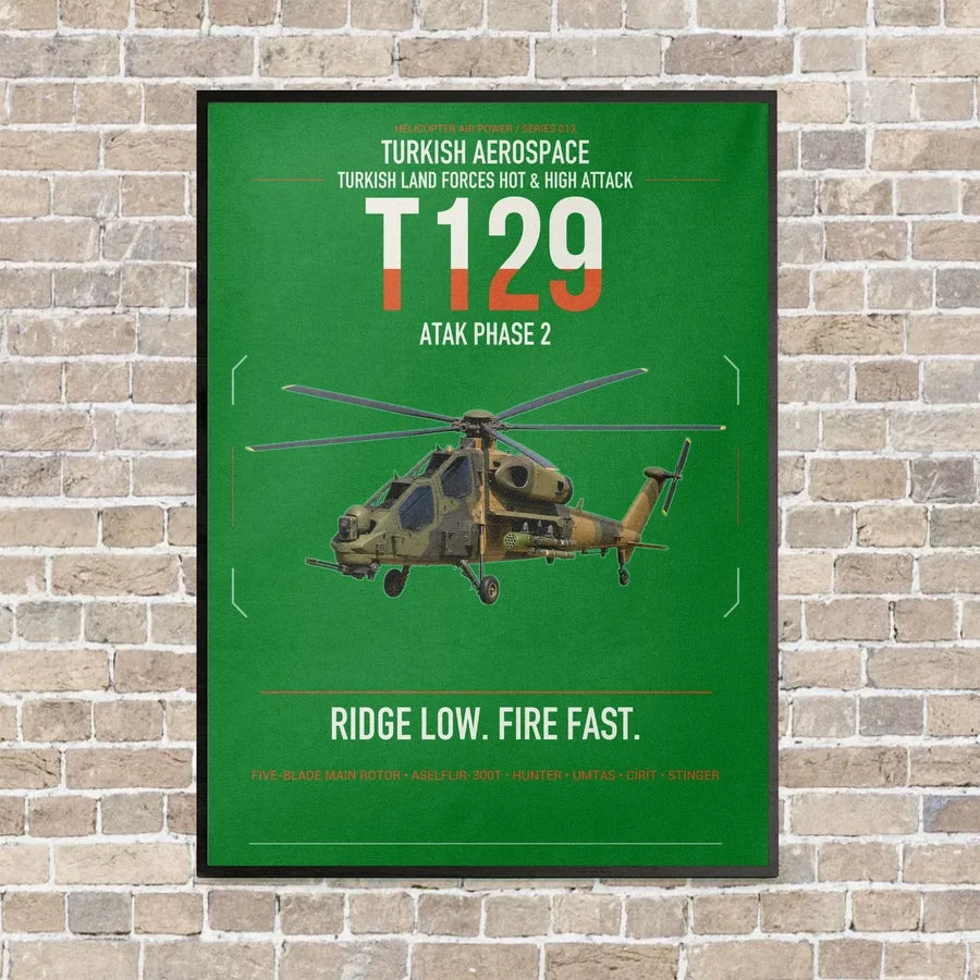 Turkish Aerospace T129 ATAK Phase 2 vertical canvas print - framed - green background
