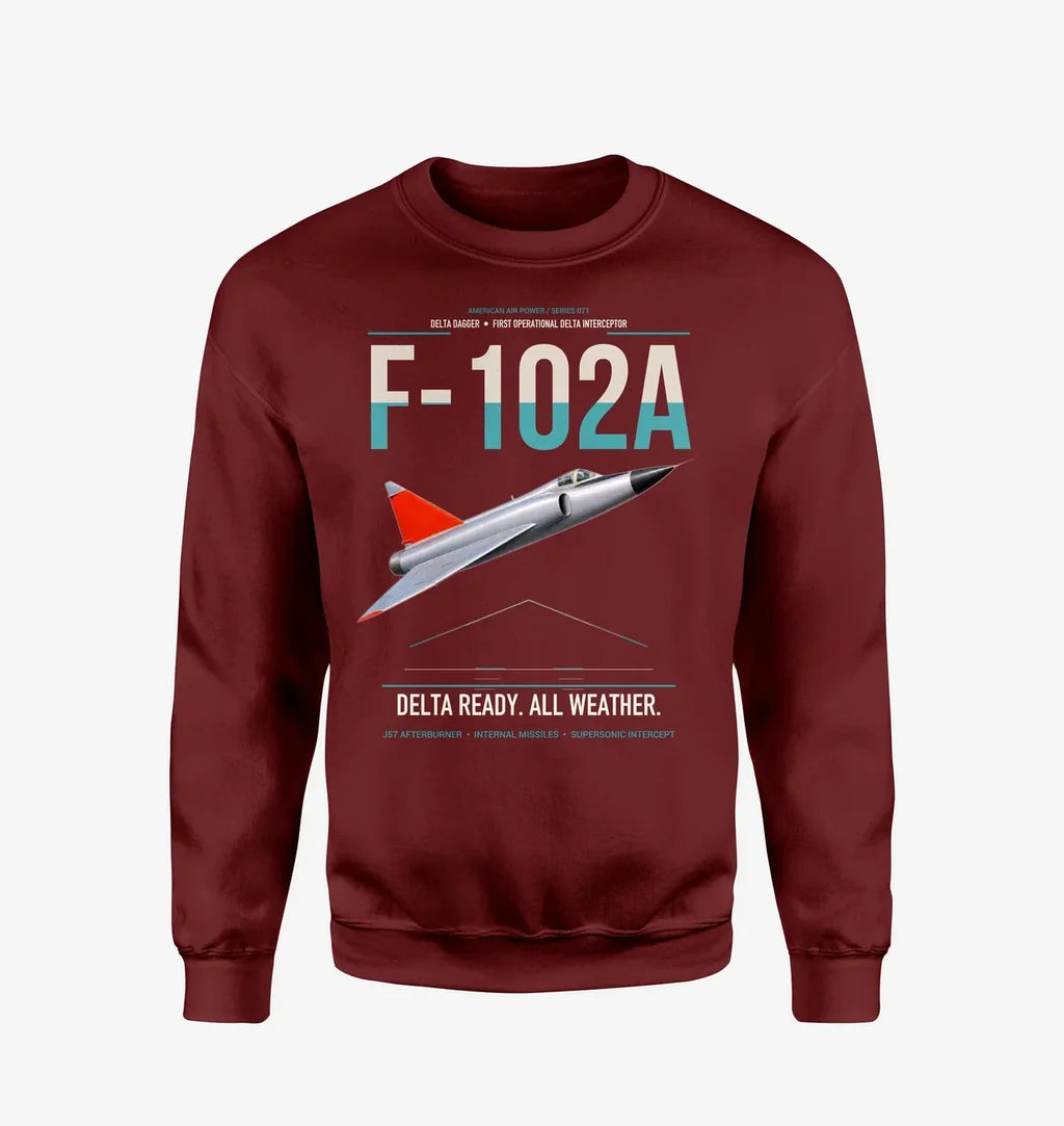 F-102A Delta Dagger design on wine red sweatshirt