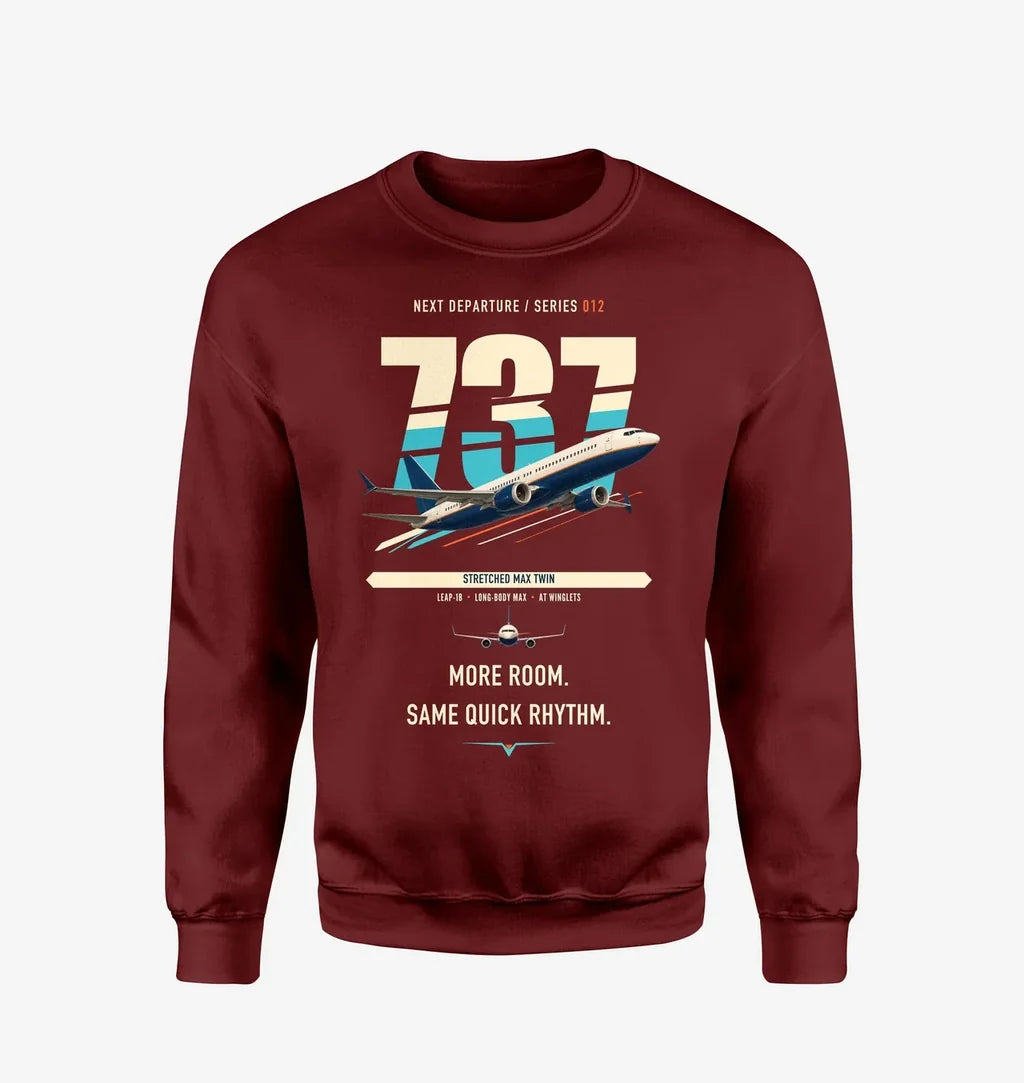 Boeing 737 MAX 9 design on wine red sweatshirt