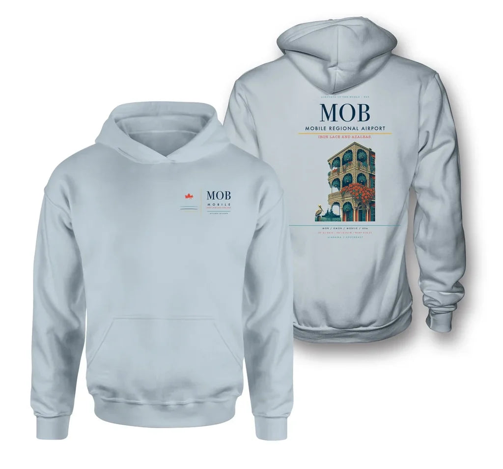Mobile Regional Airport (MOB) design on light blue double-side hoodie