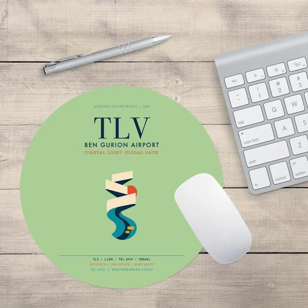 Tel Aviv Ben Gurion Airport (TLV) design on light green round mouse pad
