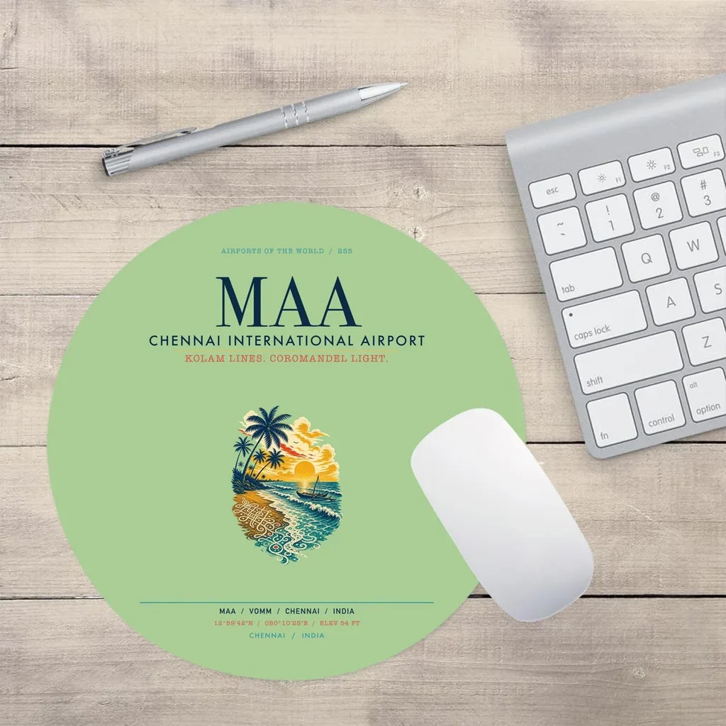 Chennai International Airport (MAA) design on light green round mouse pad