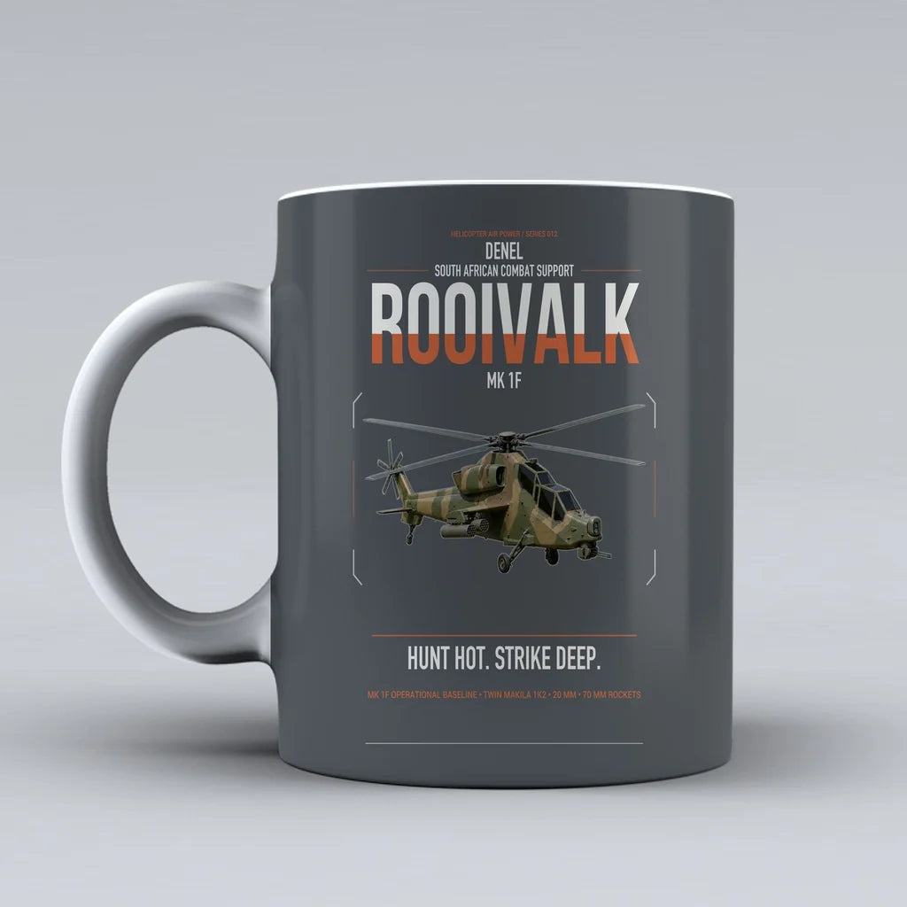 Denel Rooivalk Mk 1F design on gray ceramic mug, double-side print