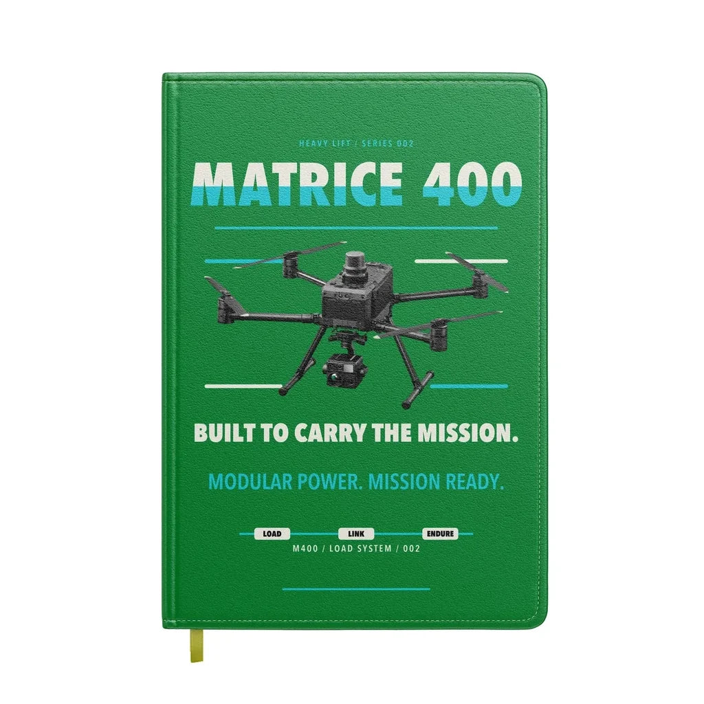 DJI Matrice 400 design on green notebook