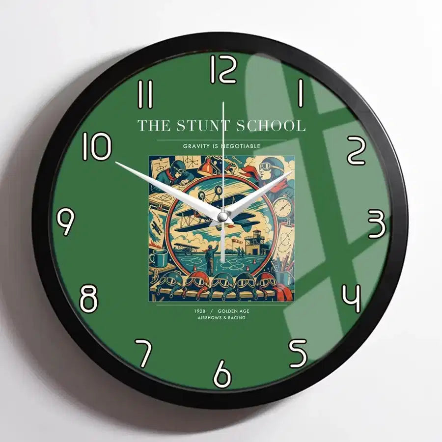 VINTAGE G4044 - The Stunt School - Designed Wall Clocks design on green framed