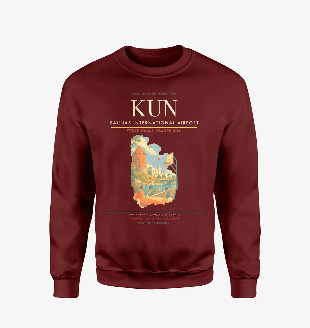 Kaunas International Airport (KUN) design on wine red sweatshirt