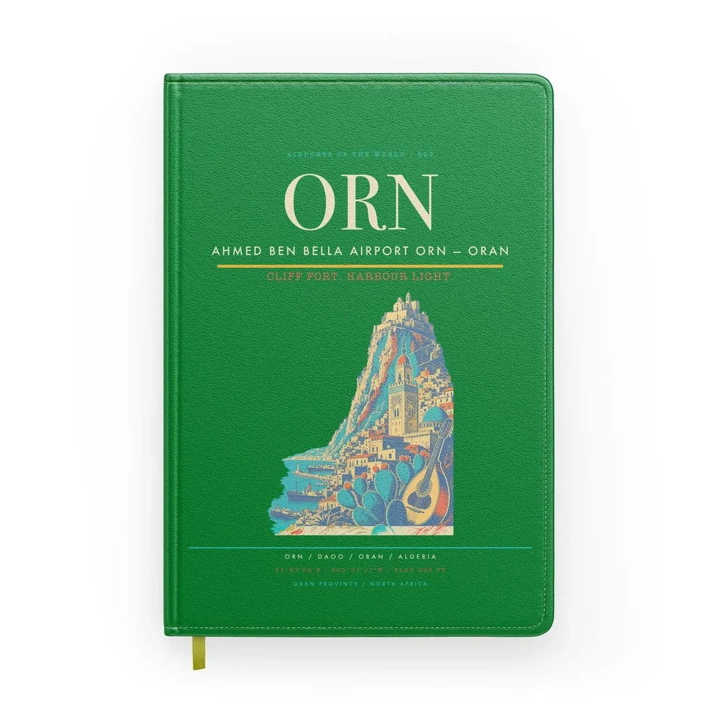Ahmed Ben Bella Airport (ORN) design on green notebook