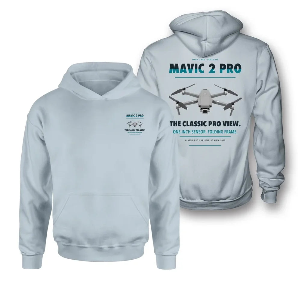 DJI Mavic 2 Pro design on light blue hoodie