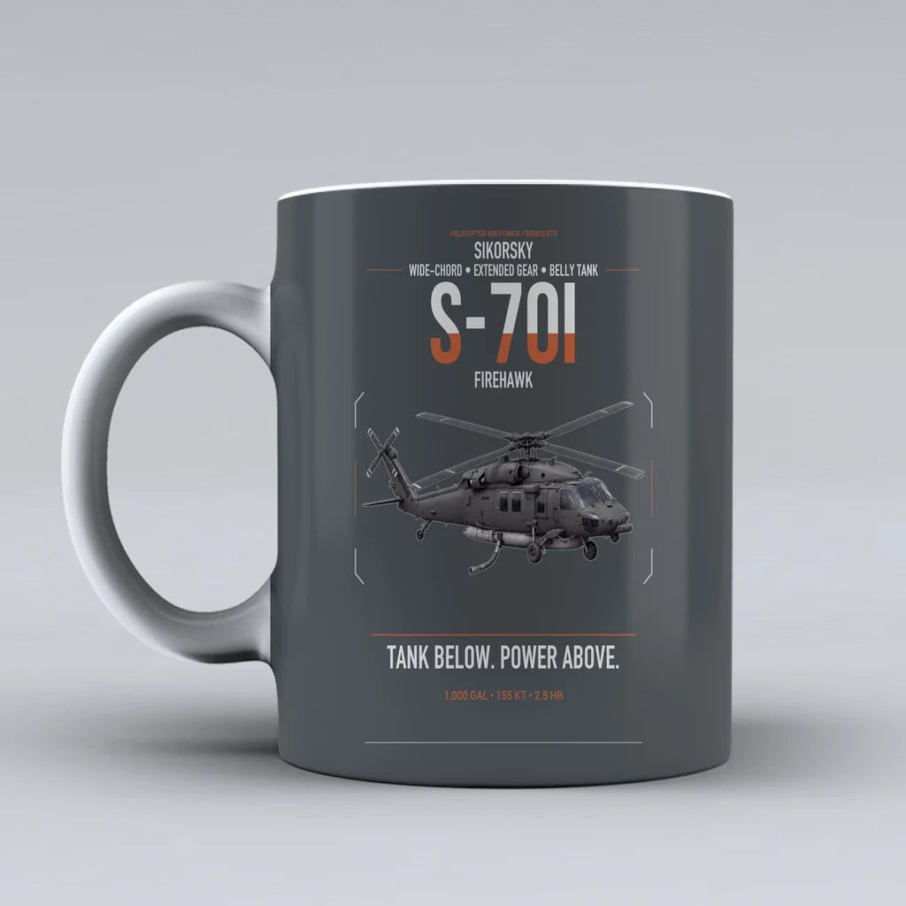 Sikorsky S-70i FIREHAWK design on gray ceramic mug, double-side print