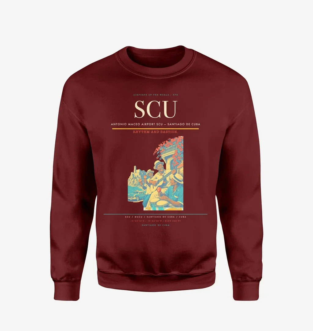 Antonio Maceo Airport (SCU) design on wine red sweatshirt