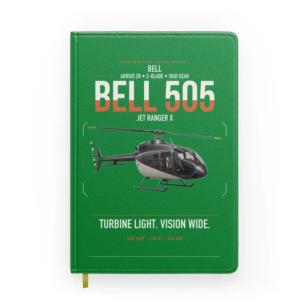 Bell 505 Jet Ranger X design on green notebook