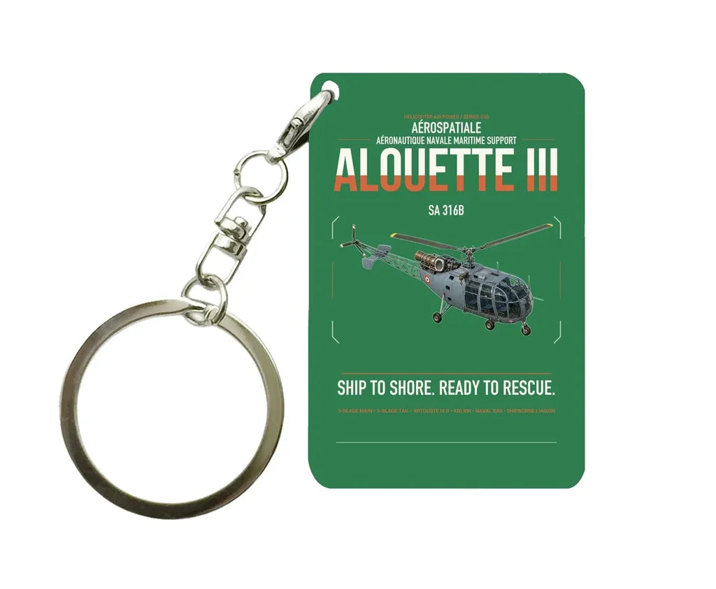 Aérospatiale SA 316B Alouette III design on green designed key chain, double-side print