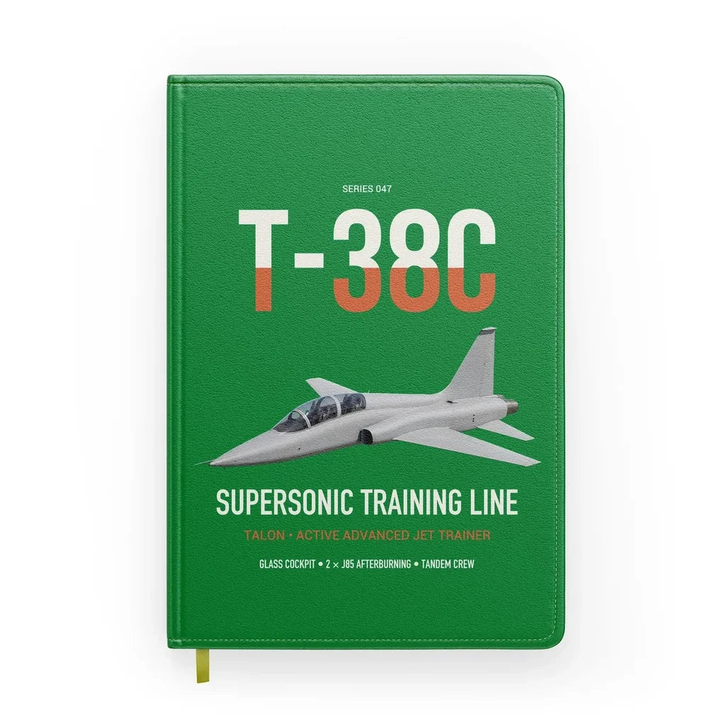 T-38C Talon design on green notebook