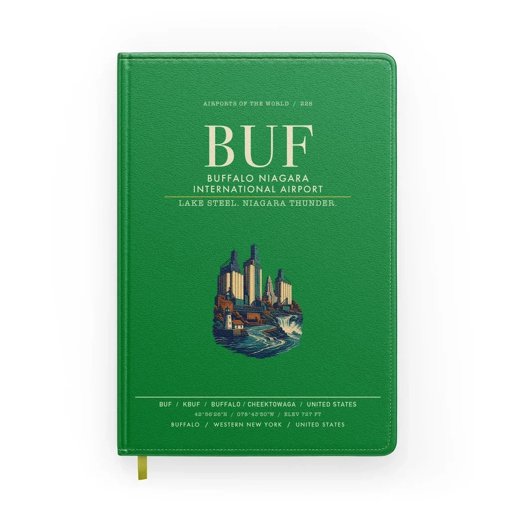 Buffalo Niagara International Airport (BUF) design on green notebook