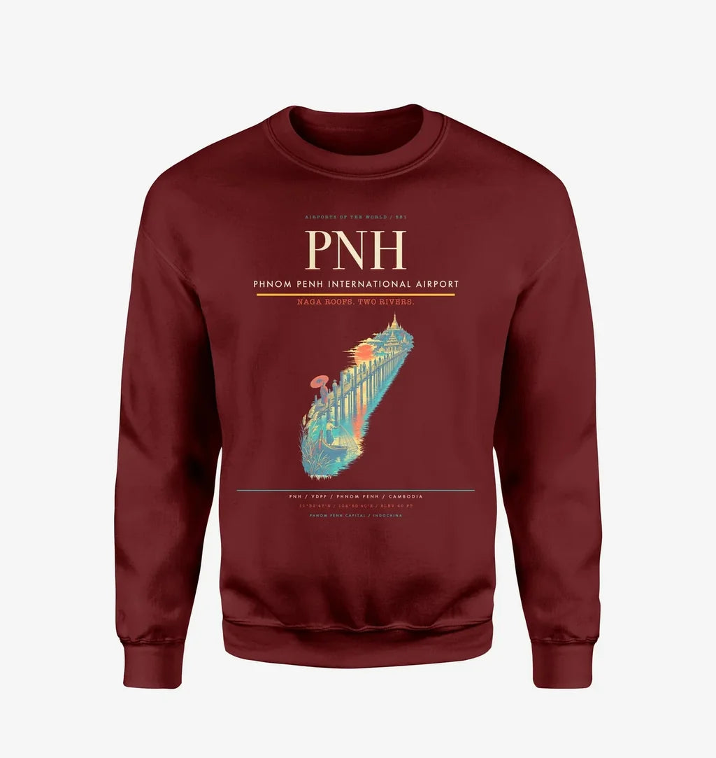 Phnom Penh International Airport (PNH) design on wine red sweatshirt