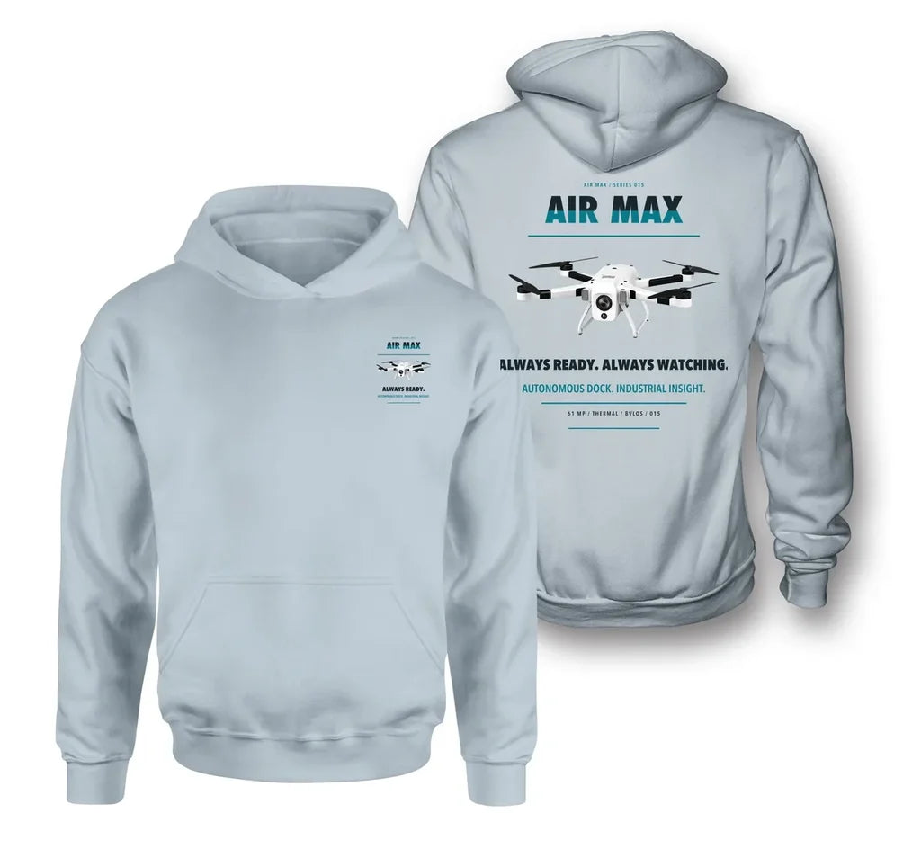 Percepto Air Max design on light blue hoodie