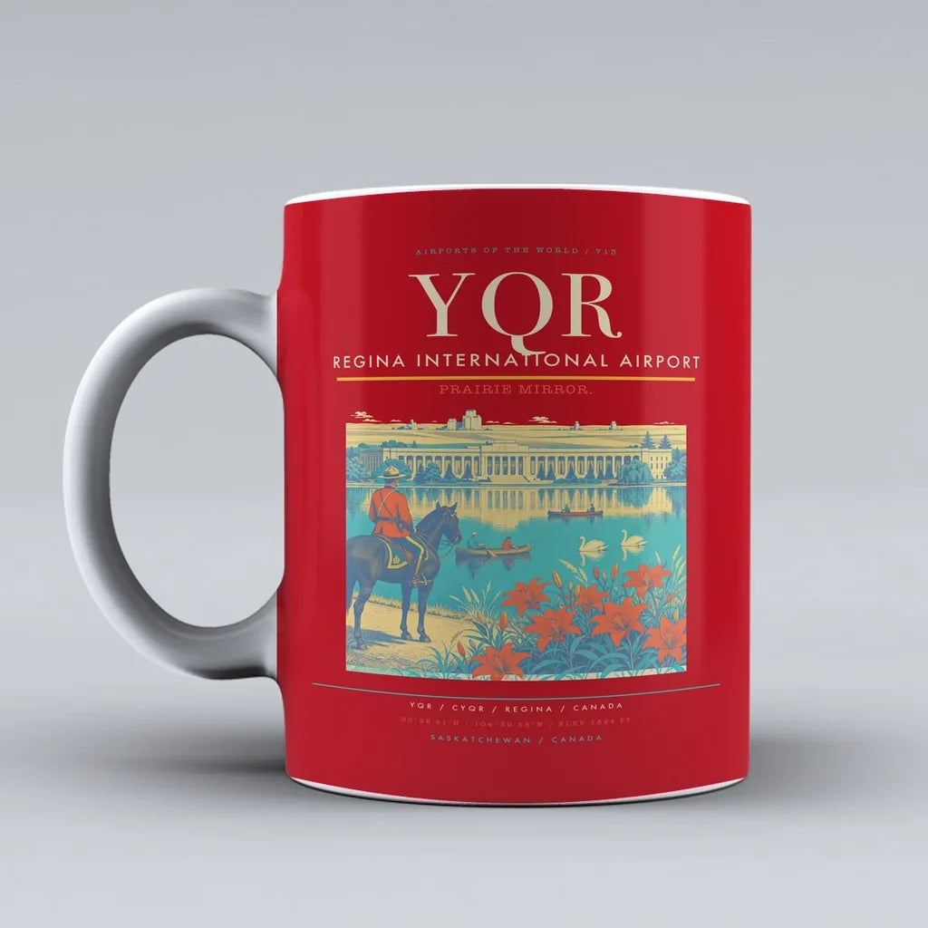 Regina International Airport (YQR) airport code design on red ceramic mug