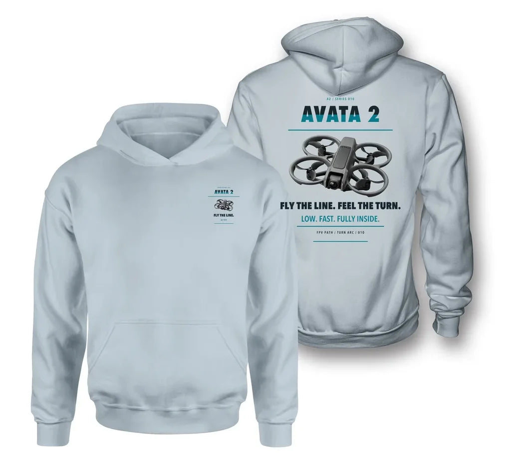 DJI Avata 2 design on light blue hoodie